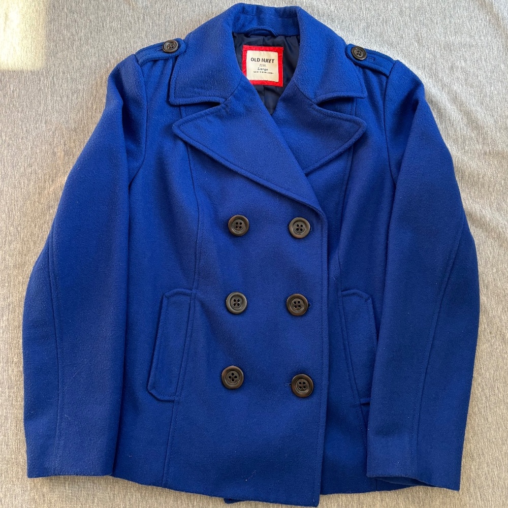 Old Navy Women's Large Royal Blue Peacoat Button-Up Coat Short Wool Blend Winter